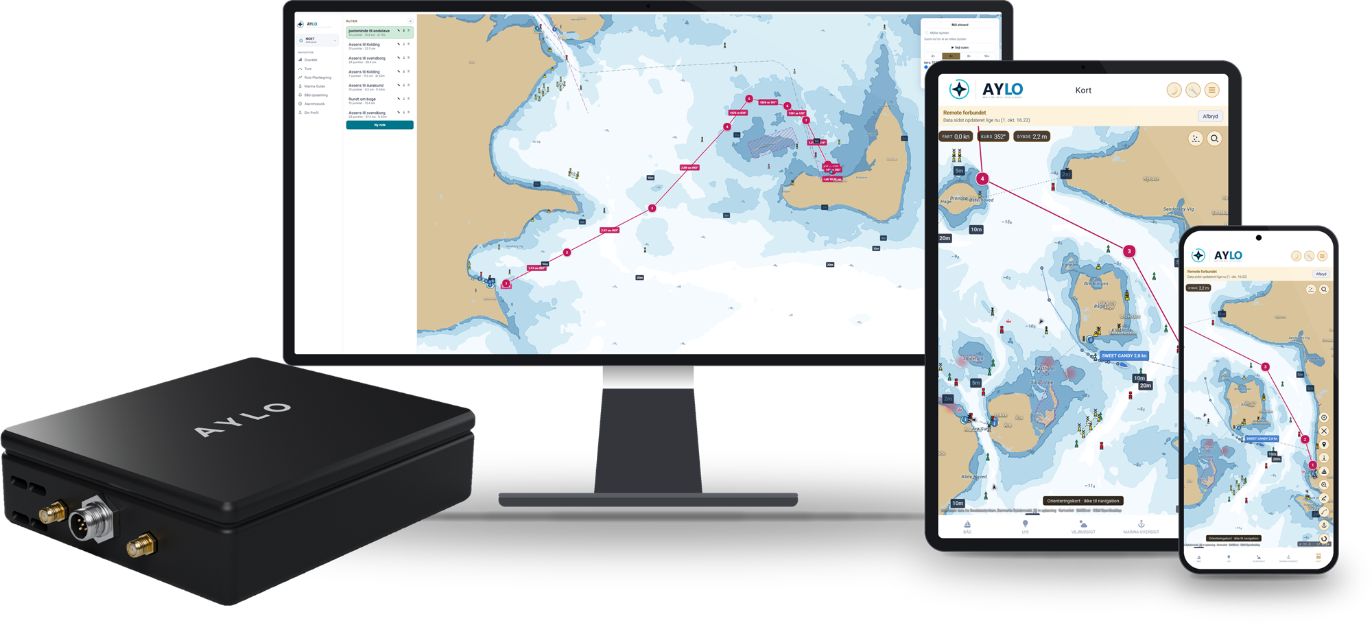 The AYLO box together with AYLO on a computer screen, a tablet and a phone - nautical charts with route planning and AIS targets.