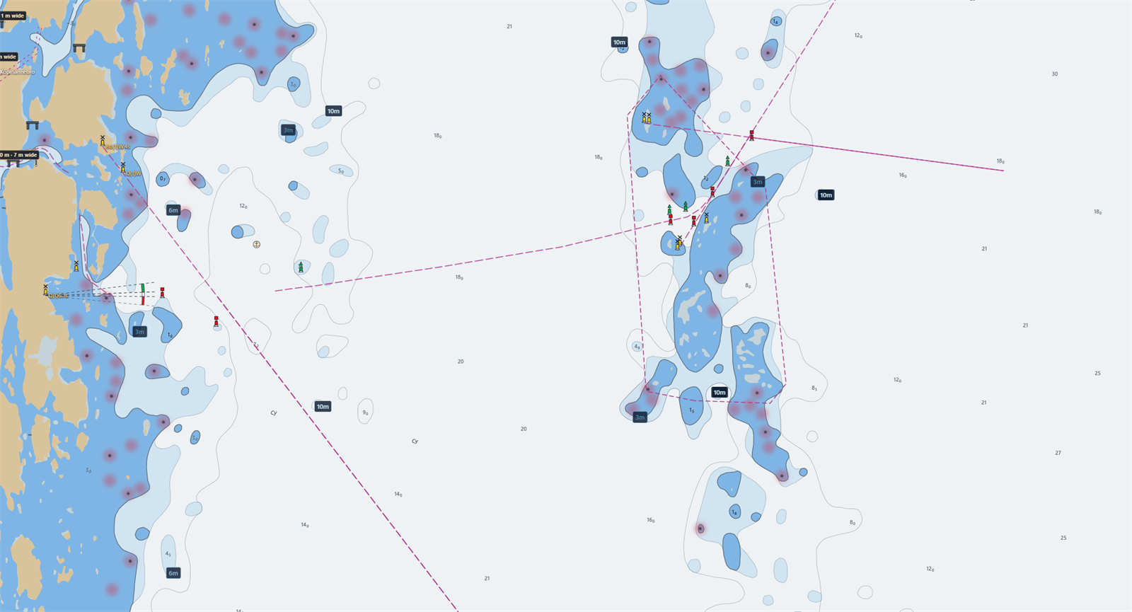 Screenshot of an official ENC chart in the AYLO map — depth areas, depth contours, soundings, buoys and leading lines.