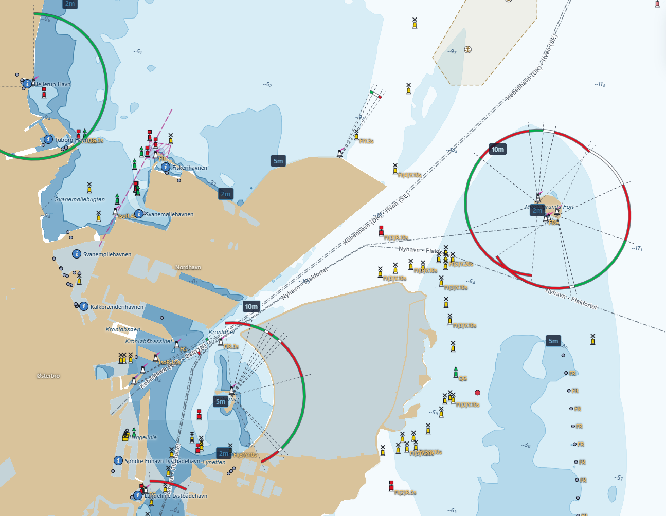 Screenshot of the AYLO chart — Copenhagen harbour and Nordhavn with depth bands, soundings, light sectors, ferry routes and the harbours' info buttons.